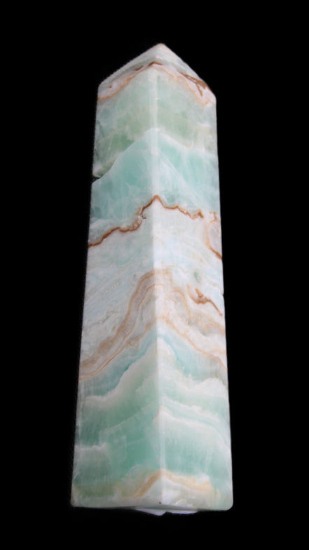 Pistachio Calcite obelisk 155mm 465g in sunlight - Rocks and Things Store