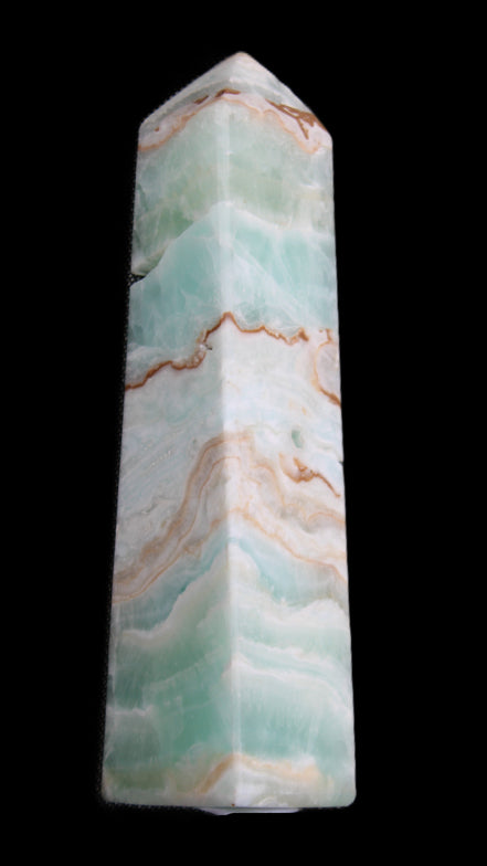 Pistachio Calcite obelisk 155mm 465g in sunlight - Rocks and Things Store