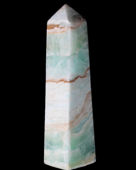 Pistachio Calcite obelisk 155mm 465g in sunlight - Rocks and Things Store