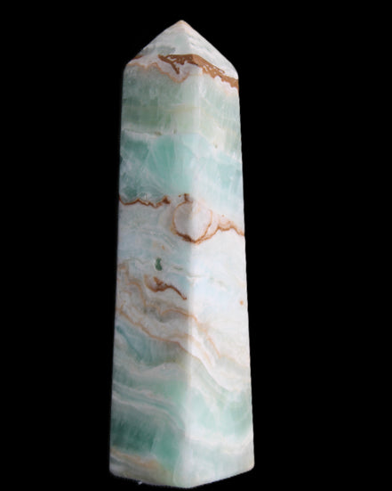 Pistachio Calcite obelisk 155mm 465g in sunlight - Rocks and Things Store