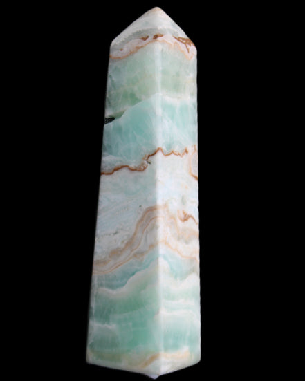 Pistachio Calcite obelisk 155mm 465g in sunlight - Rocks and Things Store