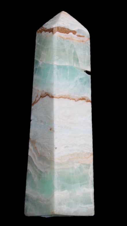 Pistachio Calcite obelisk 155mm 465g in sunlight - Rocks and Things Store