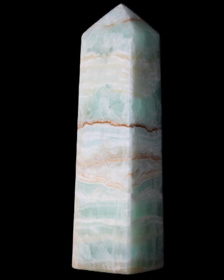 Pistachio Calcite obelisk 134mm 346g in sunlight - Rocks and Things Store