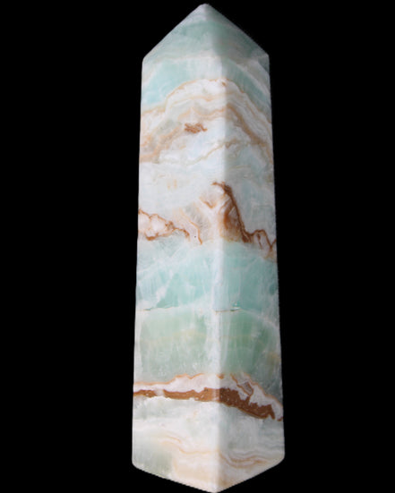 Pistachio Calcite obelisk 147mm 419g in sunlight - Rocks and Things Store