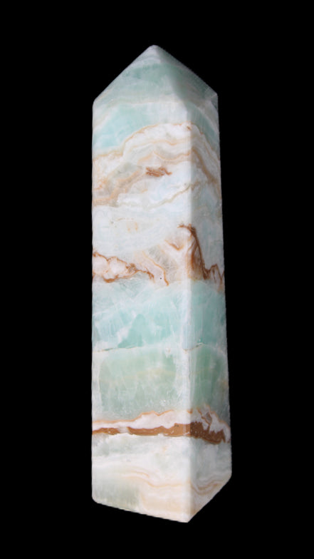 Pistachio Calcite obelisk 147mm 419g in sunlight - Rocks and Things Store