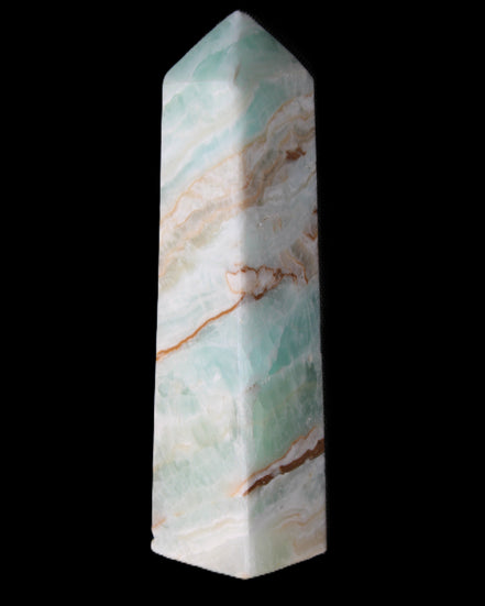 Pistachio Calcite obelisk 147mm 419g in sunlight - Rocks and Things Store