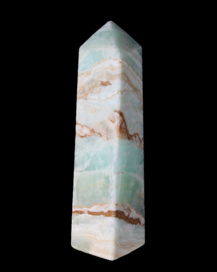 Pistachio Calcite obelisk 147mm 419g in sunlight - Rocks and Things Store