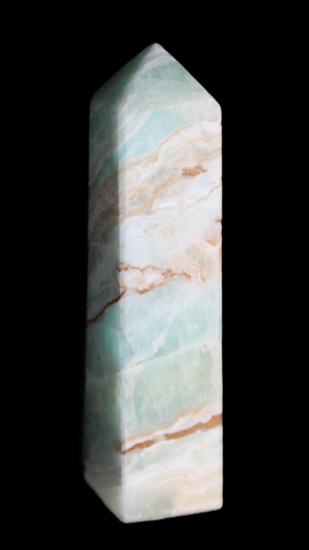 Pistachio Calcite obelisk 147mm 419g in sunlight - Rocks and Things Store