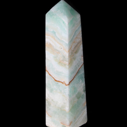 Pistachio Calcite obelisk 147mm 419g in sunlight - Rocks and Things Store