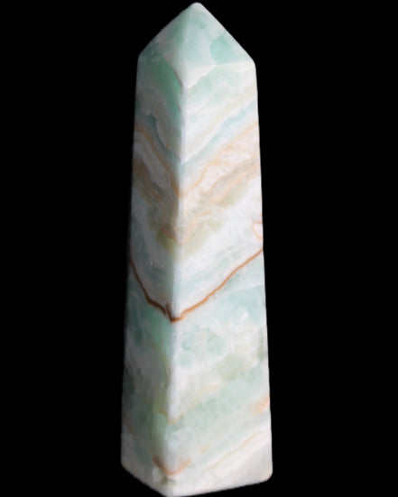 Pistachio Calcite obelisk 147mm 419g in sunlight - Rocks and Things Store