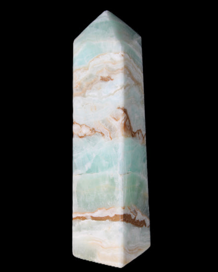 Pistachio Calcite obelisk 147mm 419g in sunlight - Rocks and Things Store