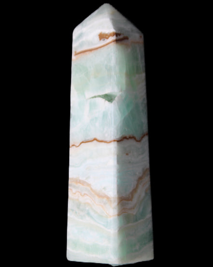 Pistachio Calcite obelisk 134mm 339g in sunlight - Rocks and Things Store