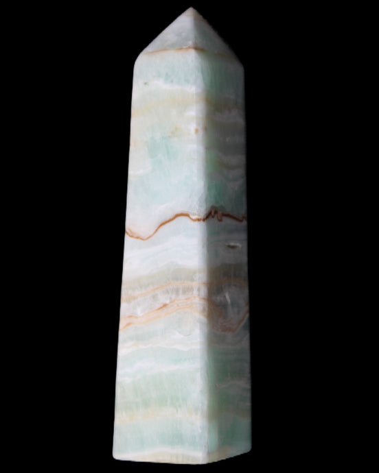 Pistachio Calcite obelisk 132mm 304g in sunlight - Rocks and Things Store