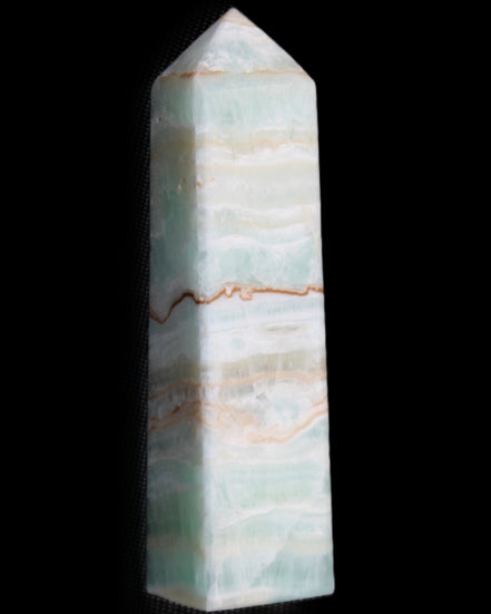 Pistachio Calcite obelisk 132mm 304g in sunlight - Rocks and Things Store