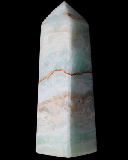 Pistachio Calcite obelisk 122mm 328g in sunlight - Rocks and Things Store