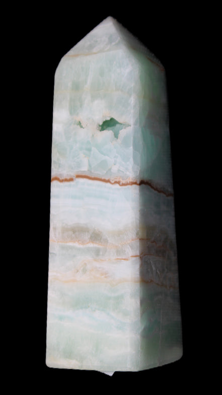 Pistachio Calcite obelisk 122mm 328g in sunlight - Rocks and Things Store