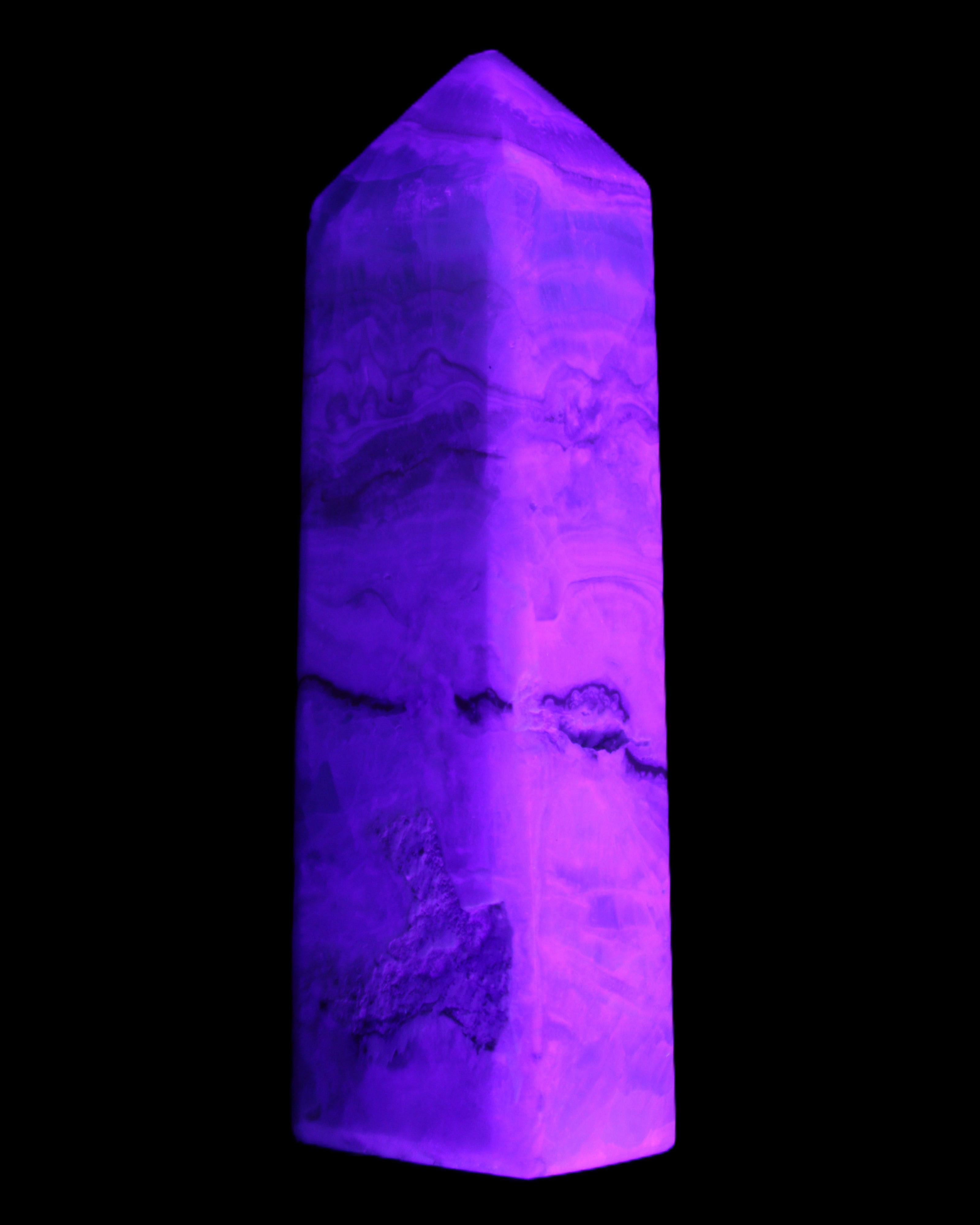 Pistachio Calcite obelisk 118mm 258g in UV light - Rocks and Things Store