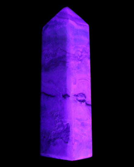 Pistachio Calcite obelisk 118mm 258g in UV light - Rocks and Things Store