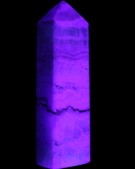 Pistachio Calcite obelisk 118mm 258g in UV light - Rocks and Things Store
