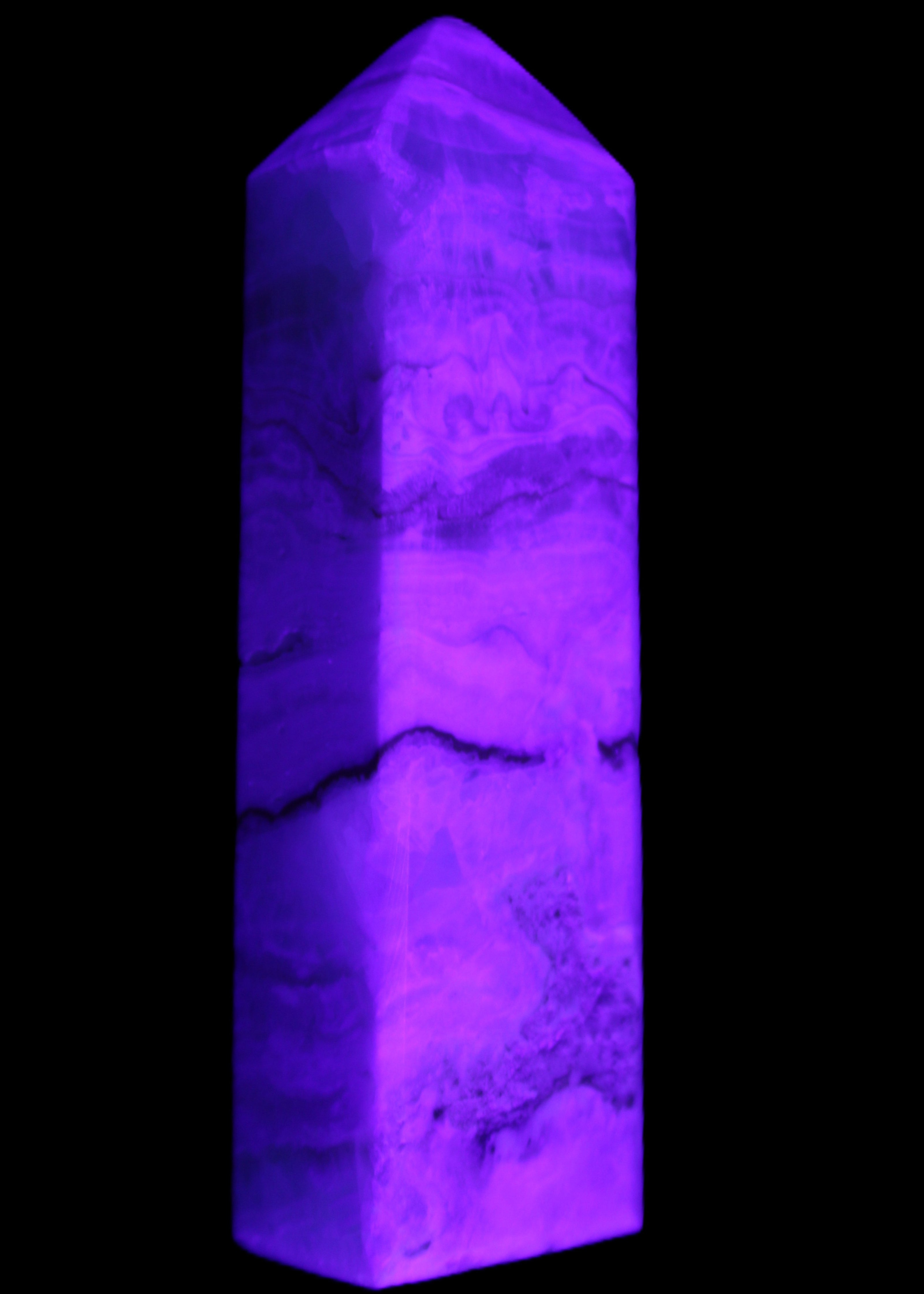 Pistachio Calcite obelisk 118mm 258g in UV light - Rocks and Things Store