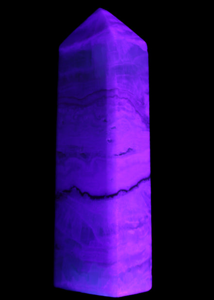 Pistachio Calcite obelisk 118mm 258g in UV light - Rocks and Things Store