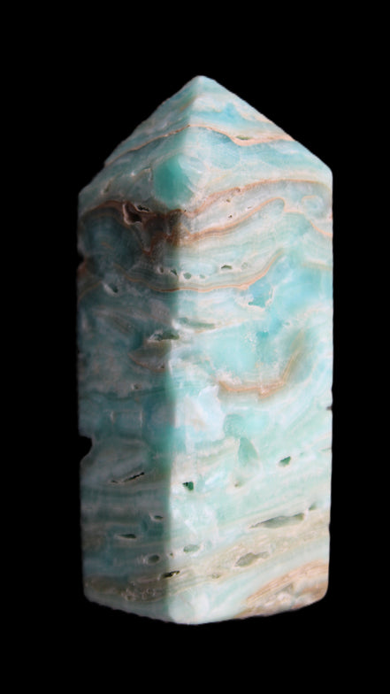Caribbean Calcite Blue Aragonite obelisk 75*26mm 125g in sunlight - Rocks and Things Store