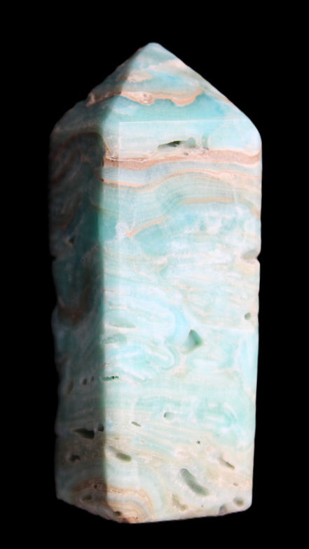 Caribbean Calcite Blue Aragonite obelisk 75*26mm 125g in sunlight - Rocks and Things Store
