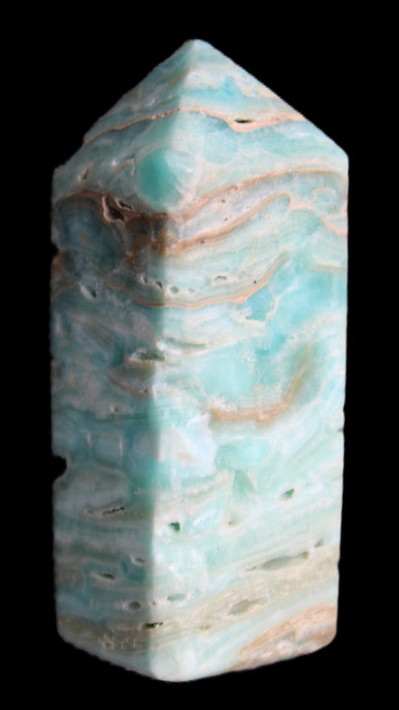 Caribbean Calcite Blue Aragonite obelisk 75*26mm 125g in sunlight - Rocks and Things Store