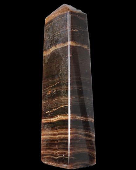 Chocolate Calcite obelisk 119*33 mm 222g in sunlight - Rocks and Things Store