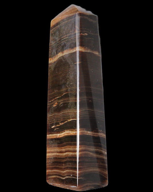 Chocolate Calcite obelisk 119*33 mm 222g in sunlight - Rocks and Things Store