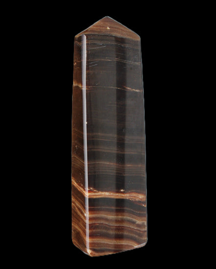Chocolate Calcite obelisk 119*33 mm 222g in sunlight - Rocks and Things Store