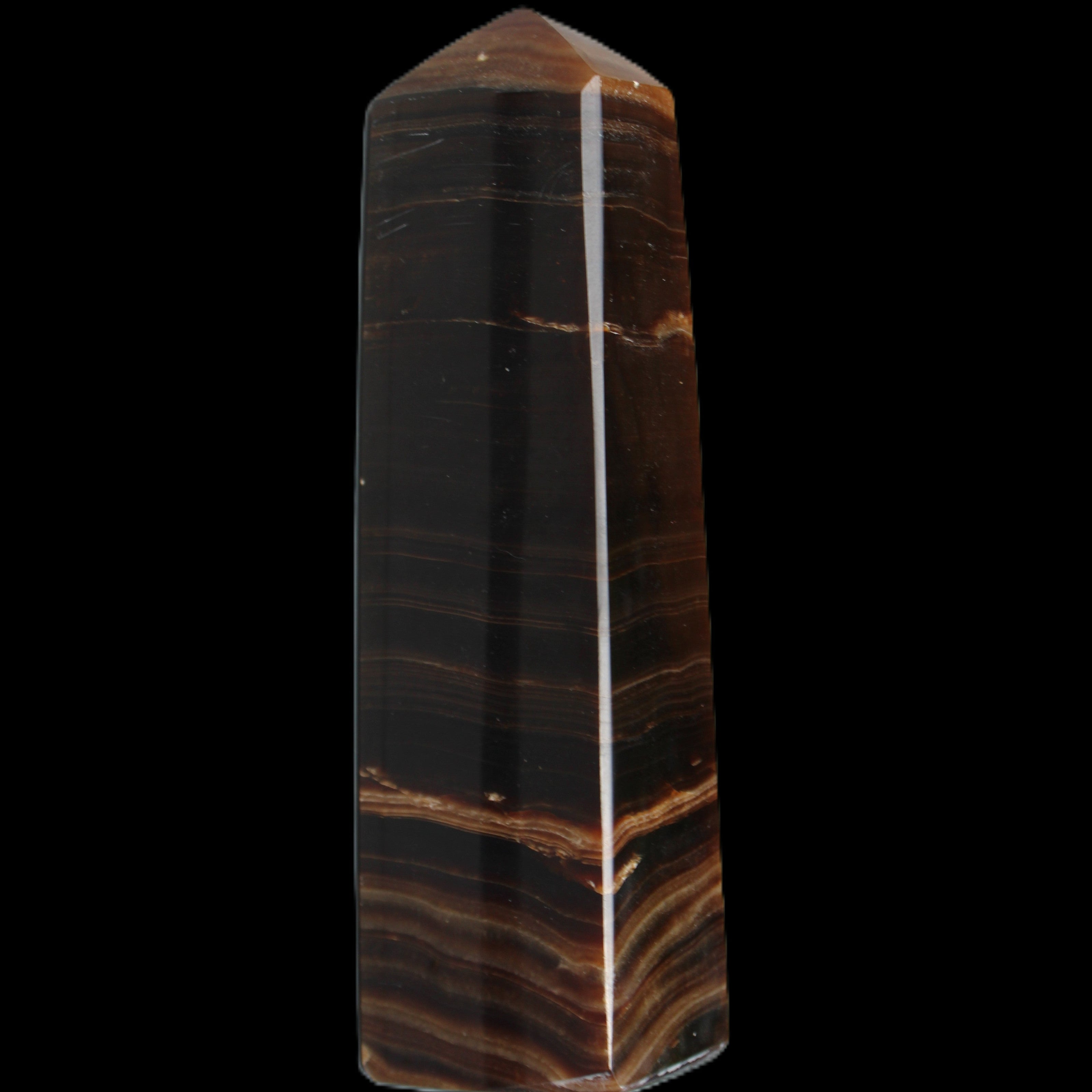 Chocolate Calcite obelisk 119*33 mm 222g in sunlight - Rocks and Things Store