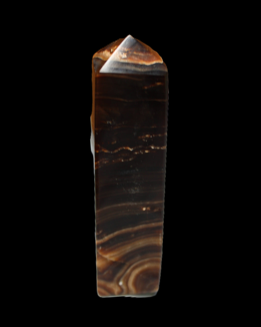 Chocolate Calcite obelisk 136*36mm 366g in sunlight - Rocks and Things Store