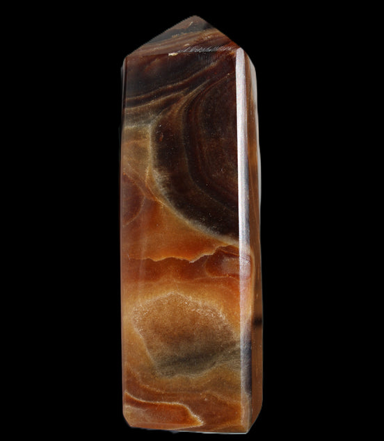 Chocolate Calcite obelisk 106*43mm 303g in sunlight - Rocks and Things Store