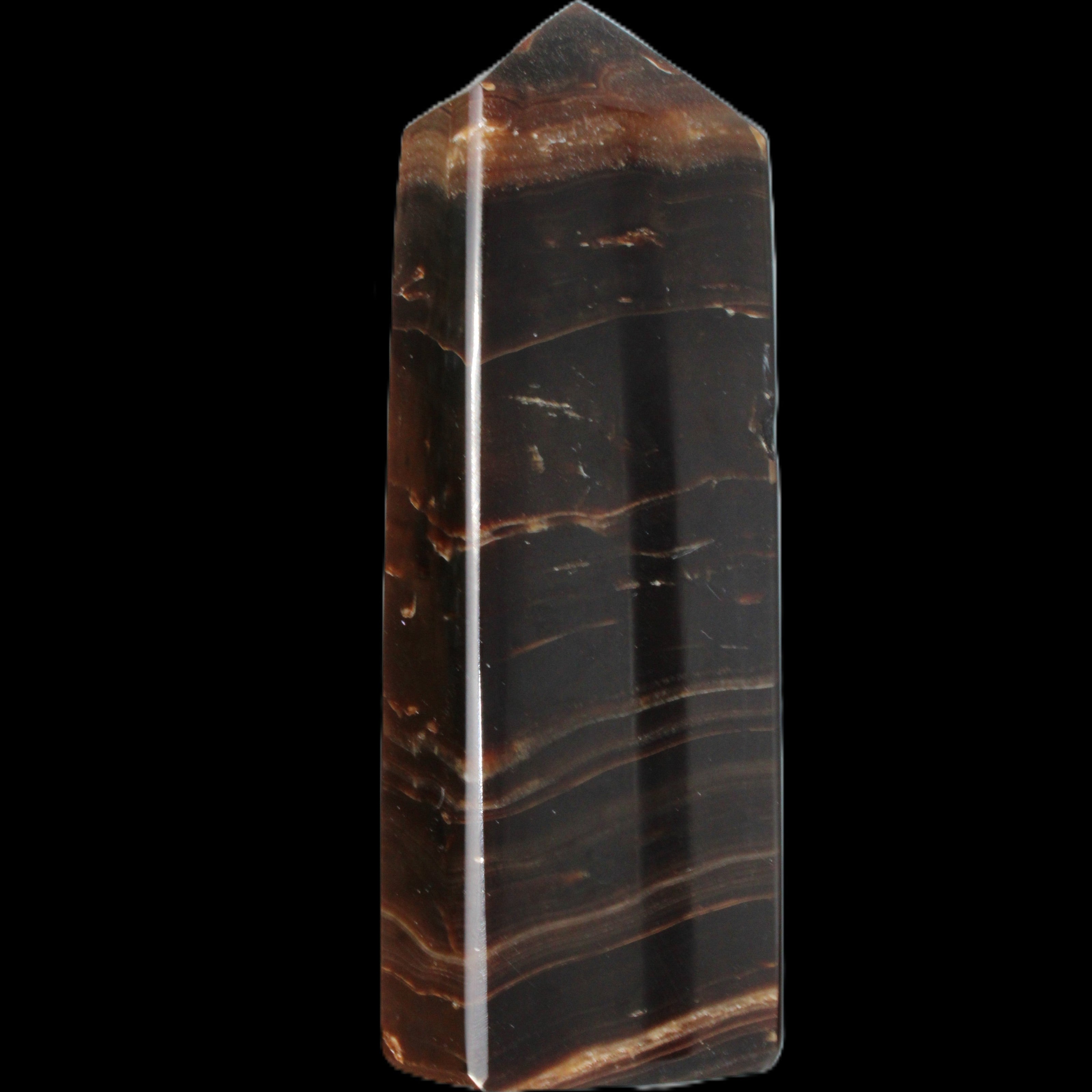 Chocolate Calcite obelisk 108*32mm 216g in sunlight - Rocks and Things Store