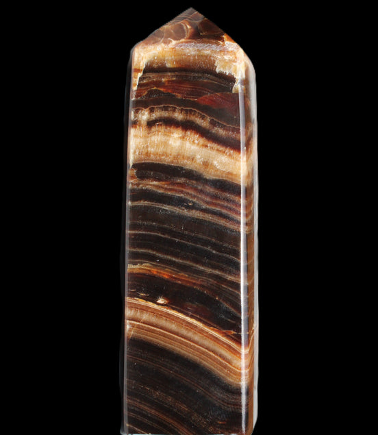 Chocolate Calcite obelisk 116*32mm 243g in sunlight - Rocks and Things Store
