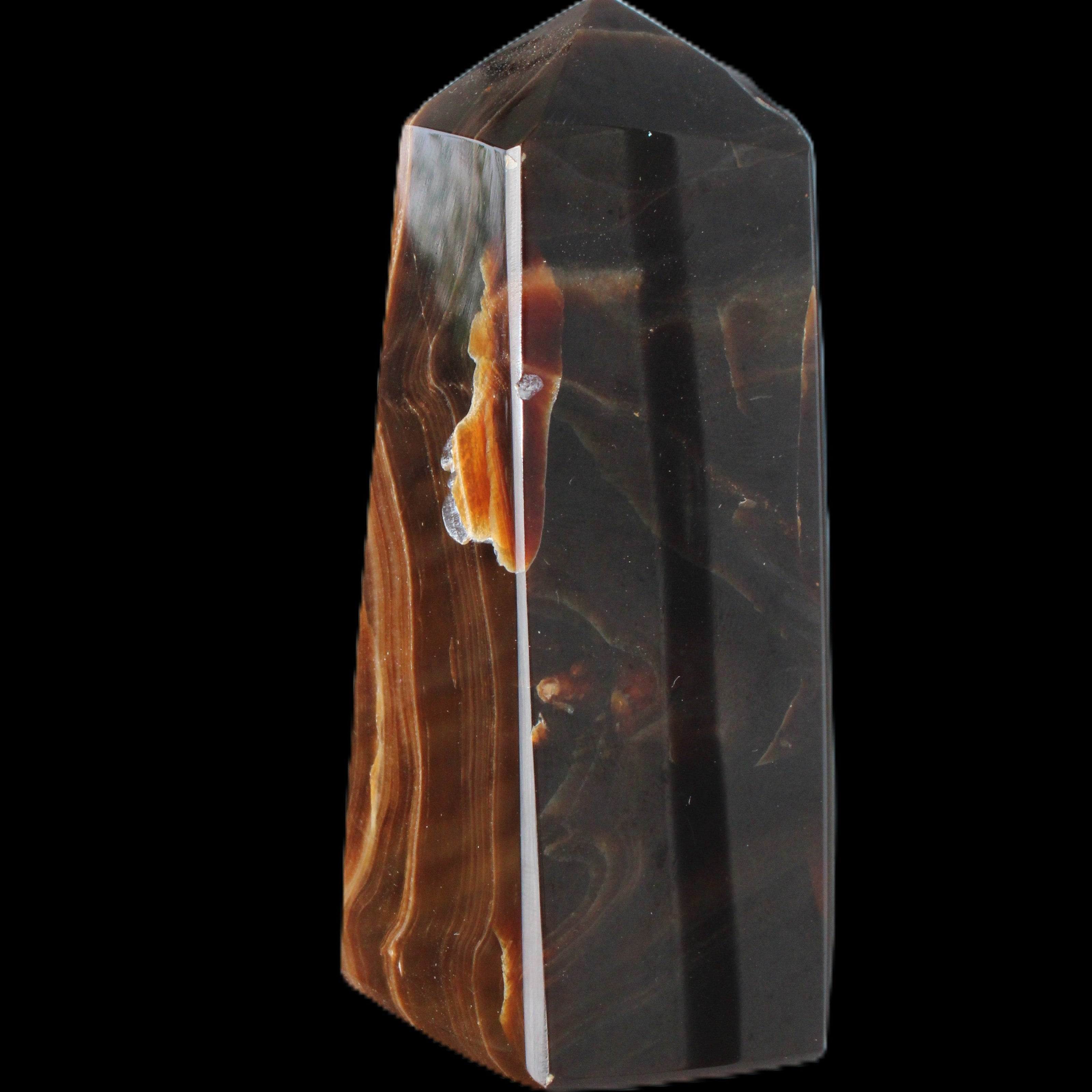 Chocolate Calcite obelisk 97*39mm 243g in sunlight - Rocks and Things Store