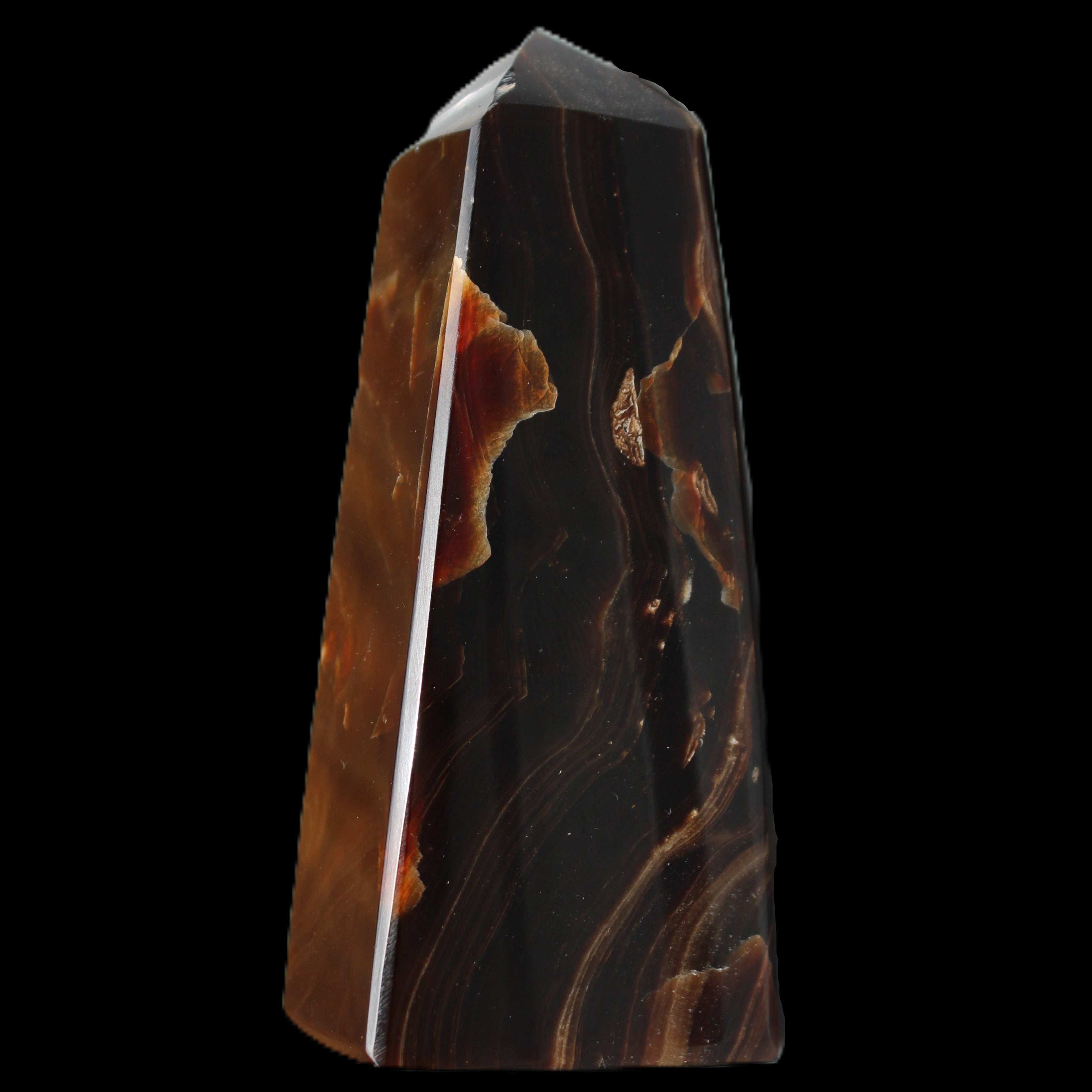 Chocolate Calcite obelisk 97*39mm 243g in sunlight - Rocks and Things Store
