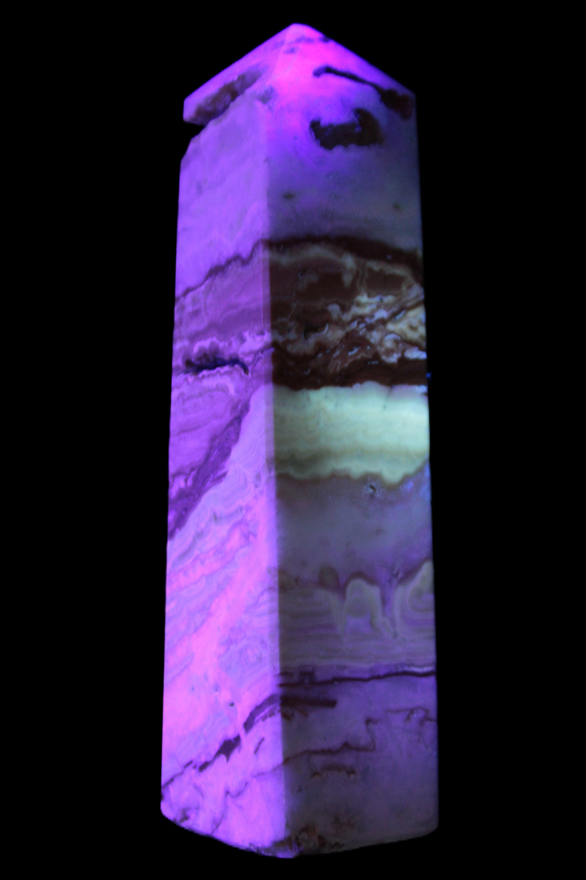 Caribbean aqua blue Calcite obelisk 479g in UV light - Rocks and Things Store