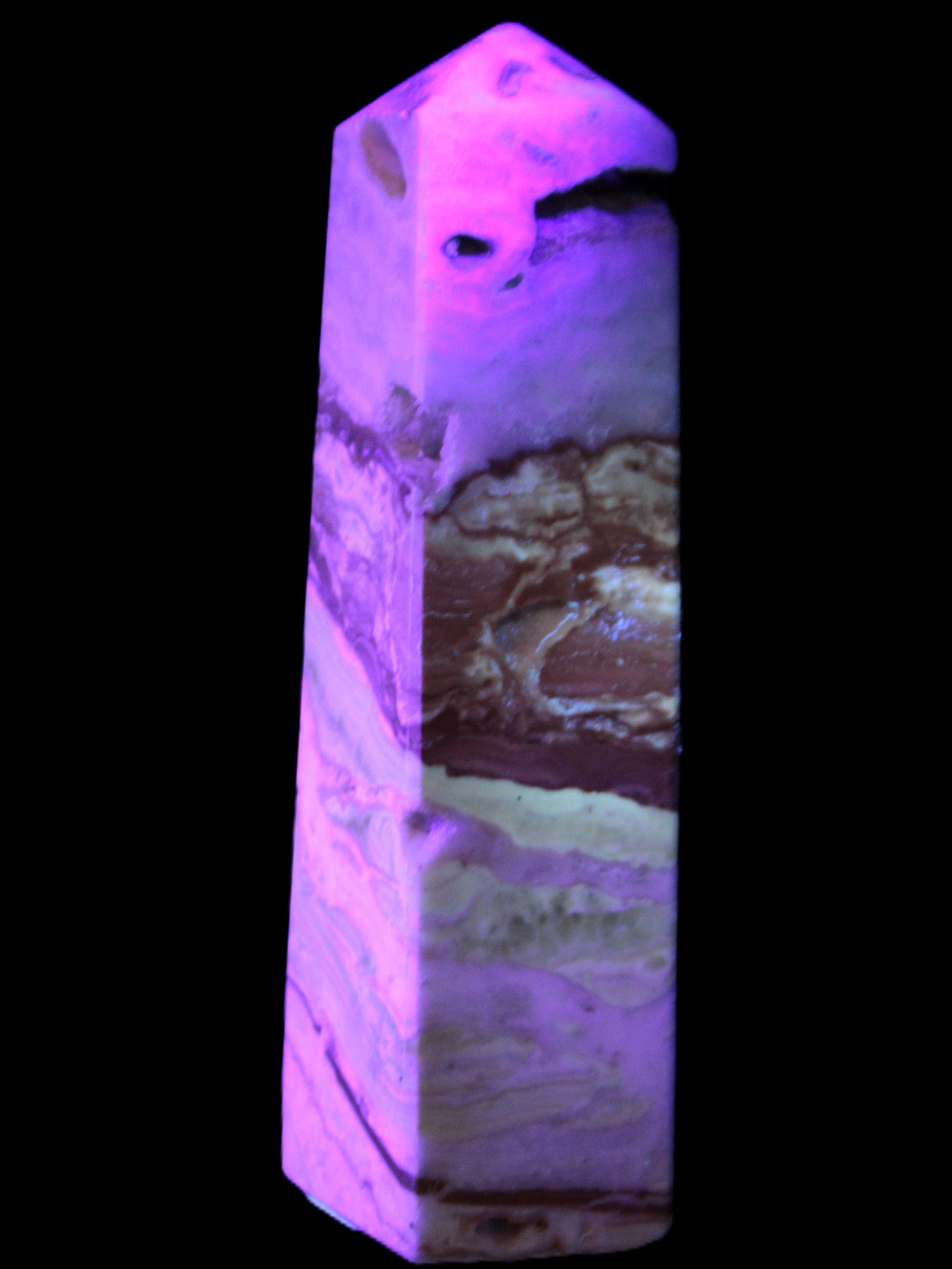 Caribbean aqua blue Calcite obelisk 479g in UV light - Rocks and Things Store