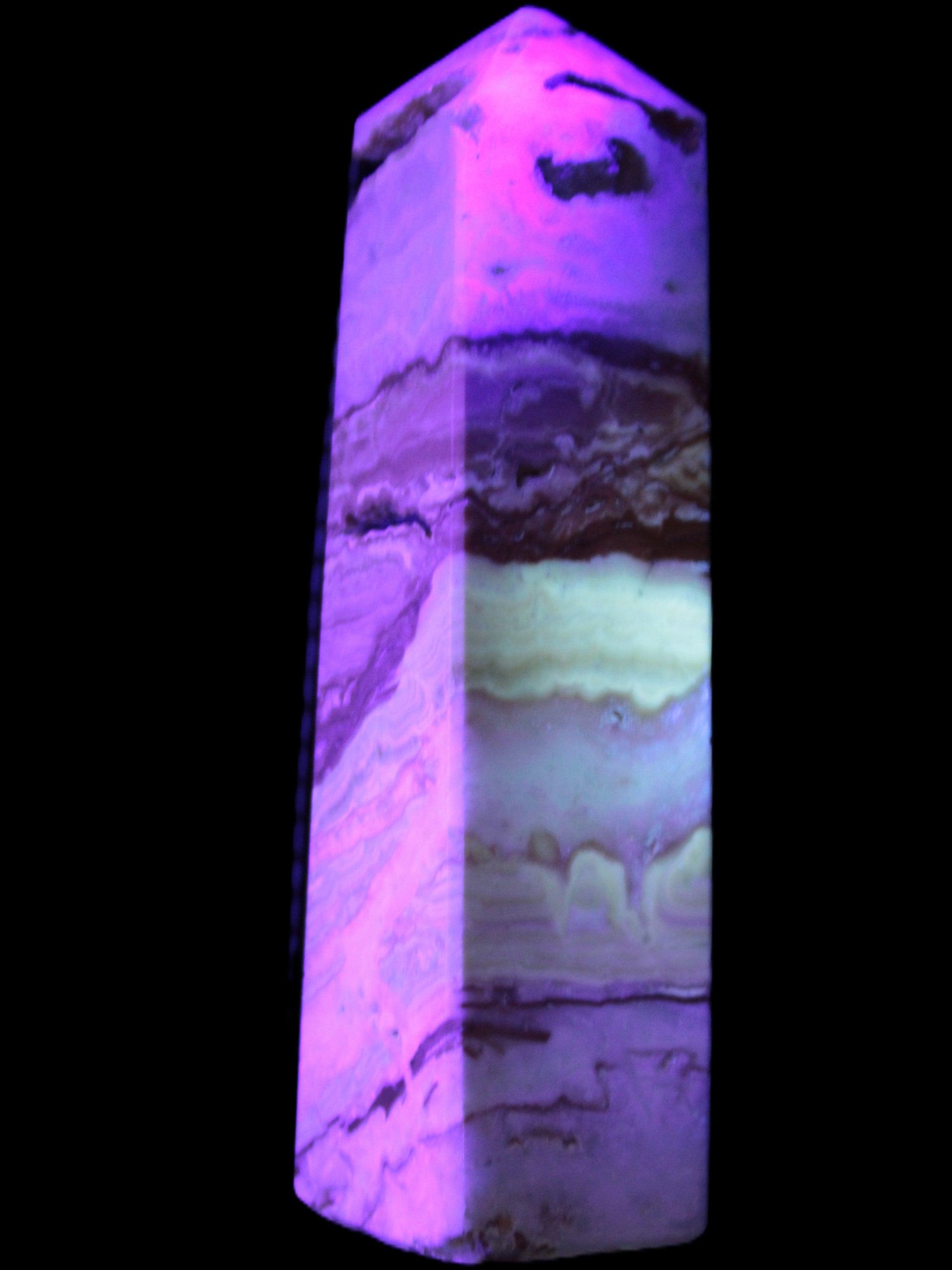 Caribbean aqua blue Calcite obelisk 479g in UV light - Rocks and Things Store