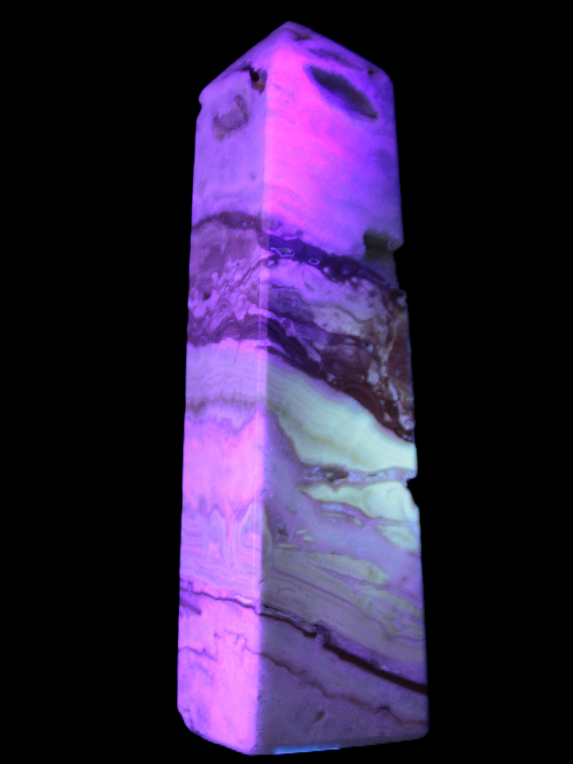 Caribbean aqua blue Calcite obelisk 479g in UV light - Rocks and Things Store