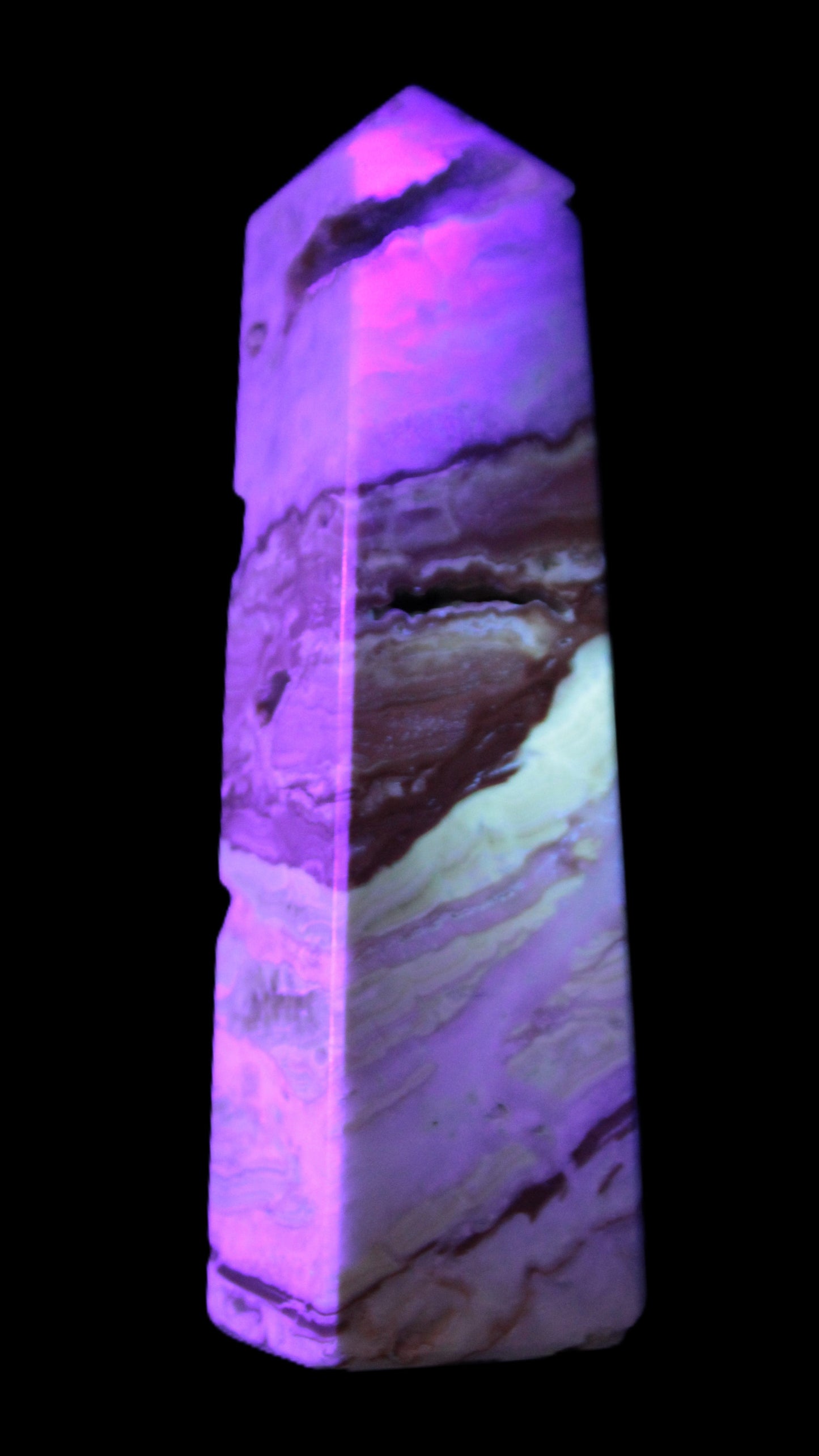 Caribbean aqua blue Calcite obelisk 479g in UV light - Rocks and Things Store