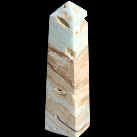 Caribbean aqua blue Calcite obelisk 479g in sunlight - Rocks and Things Store