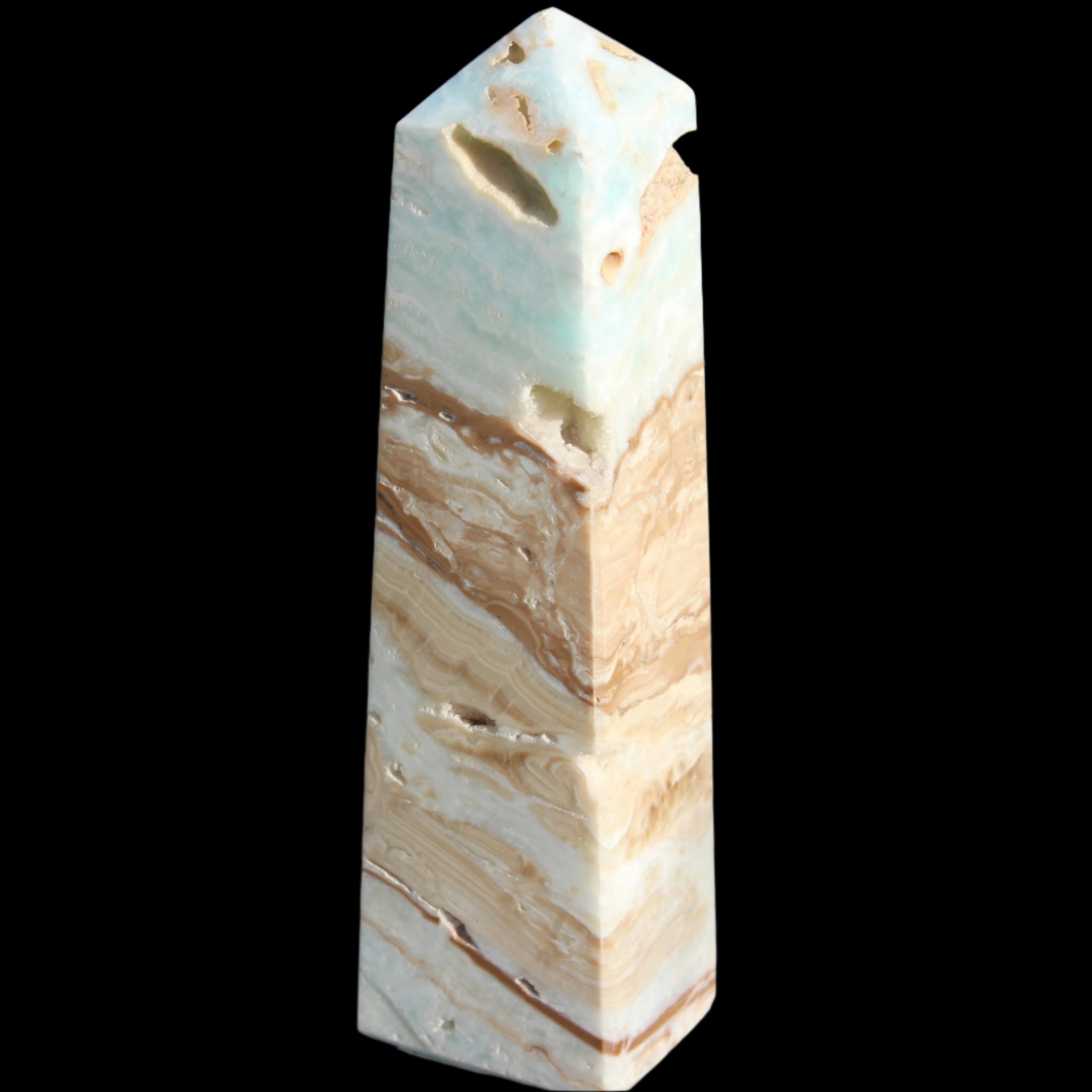 Caribbean aqua blue Calcite obelisk 479g in sunlight - Rocks and Things Store