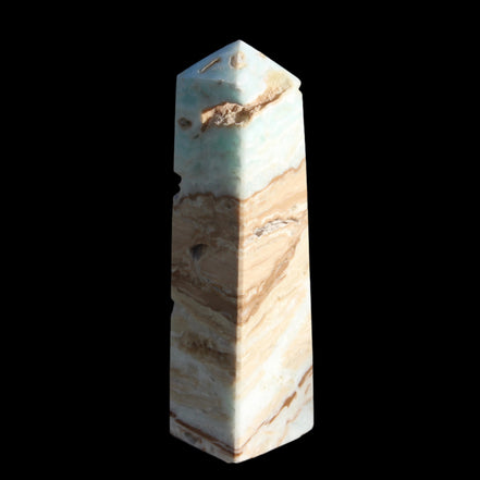 Caribbean aqua blue Calcite obelisk 479g in sunlight - Rocks and Things Store
