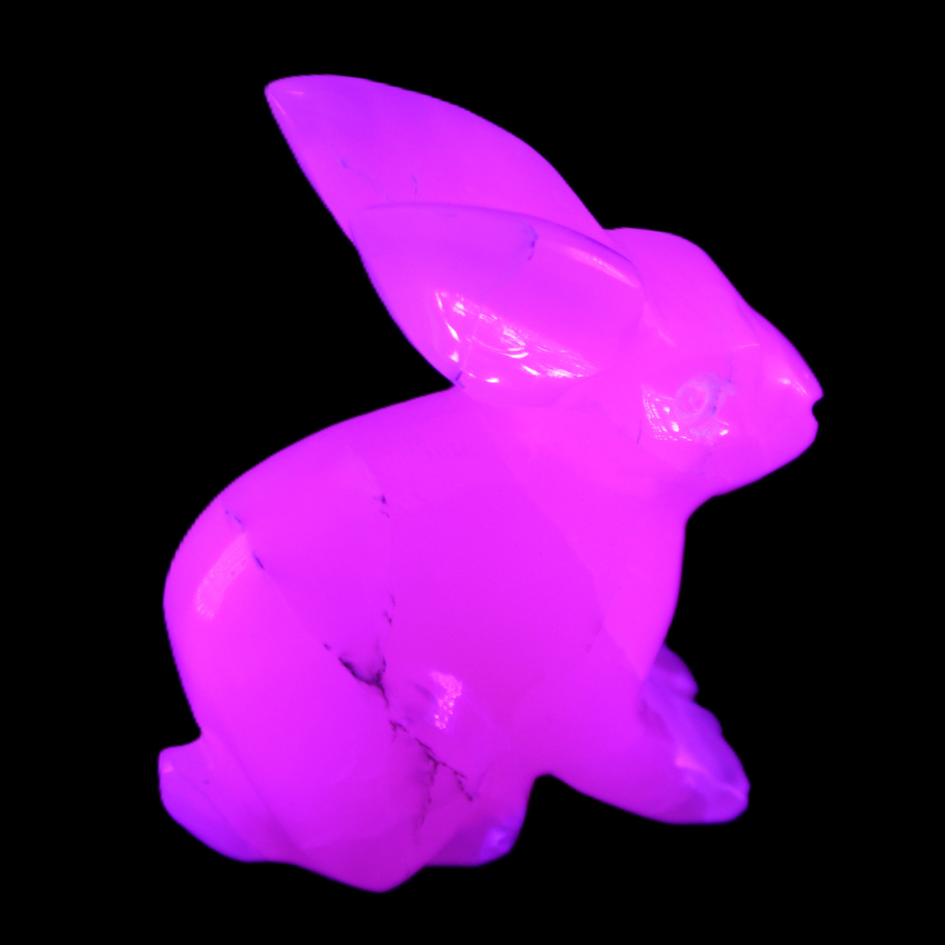Mangano Calcite bunny 76*36*100mm 396g in UV light - Rocks and Things Store