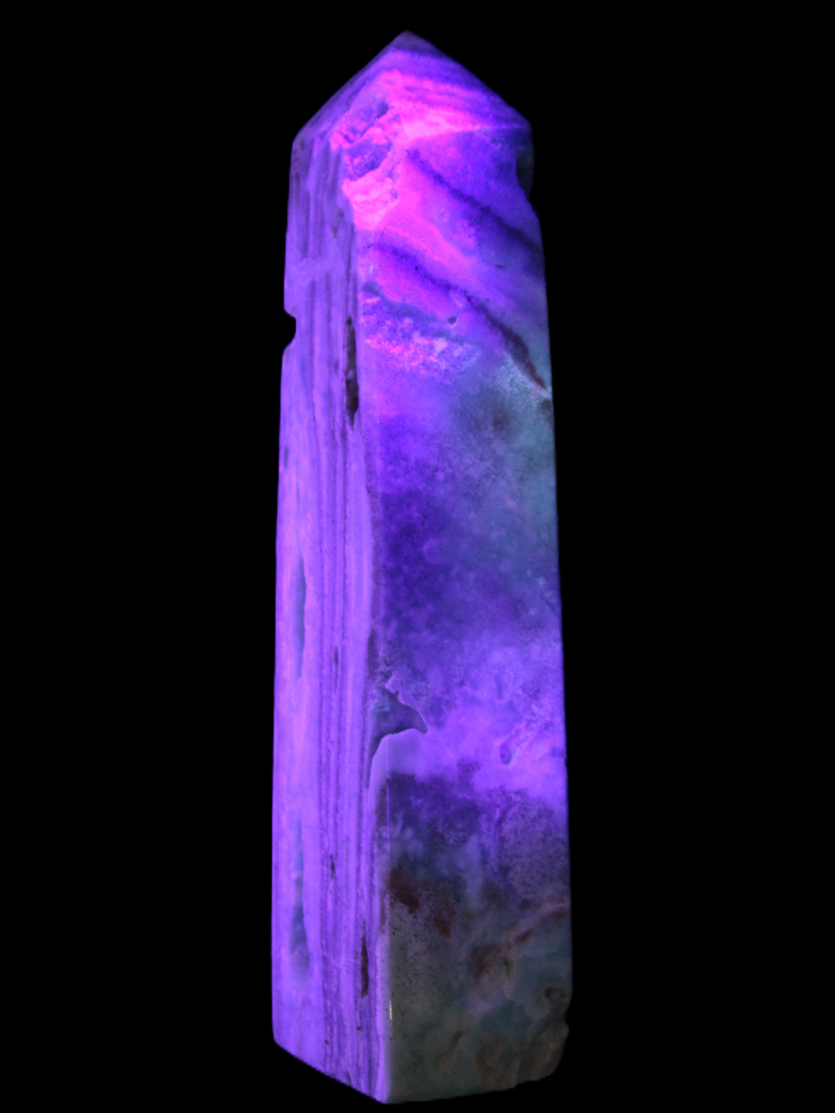 Caribbean Calcite aqua blue obelisk 170mm 539g in UV light