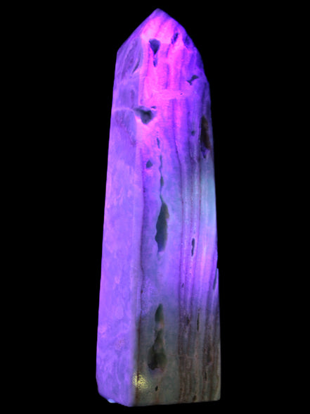 Caribbean Calcite aqua blue obelisk 170mm 539g in UV light - Rocks and Things Store