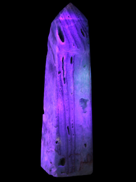 Caribbean Calcite aqua blue obelisk 170mm 539g in UV light - Rocks and Things Store